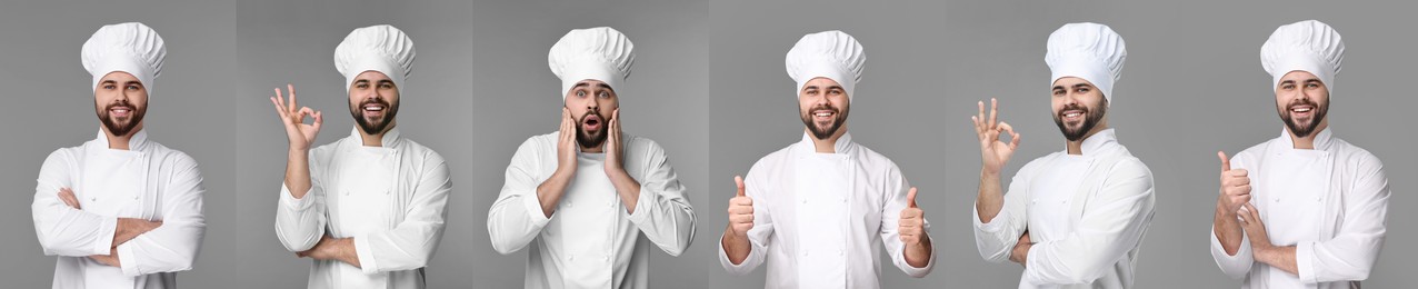 Collage with photos of professional chef on grey background