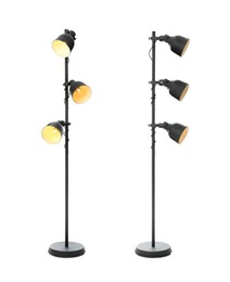 Stylish floor lamps on white background, collage