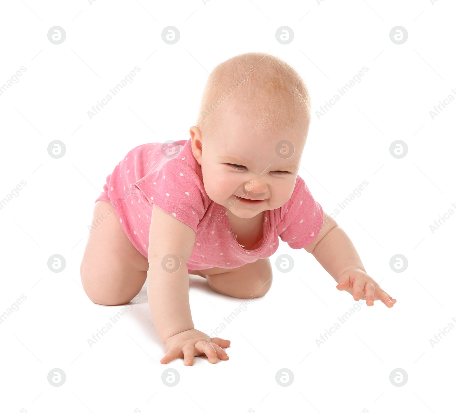 Photo of Cute little baby crawling on white background