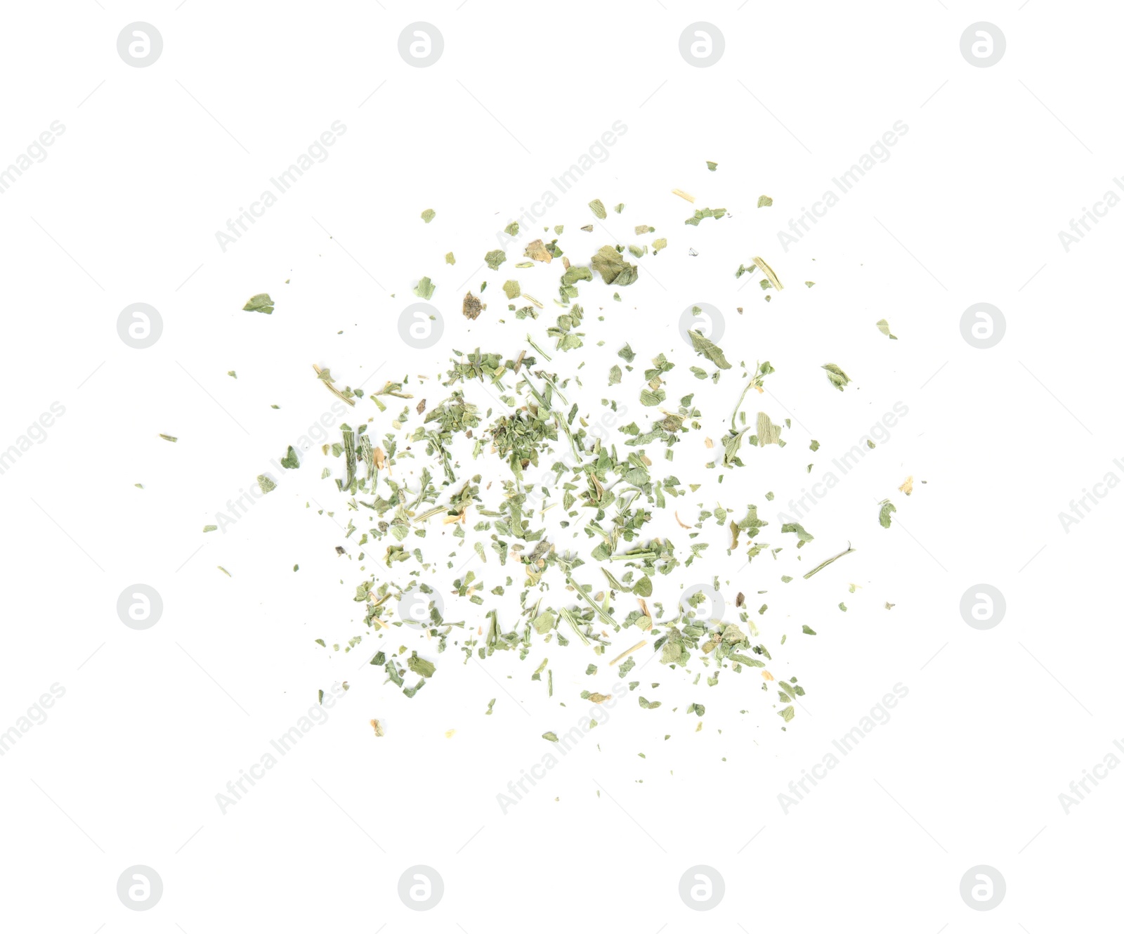 Photo of Scattered dried parsley on white background, top view
