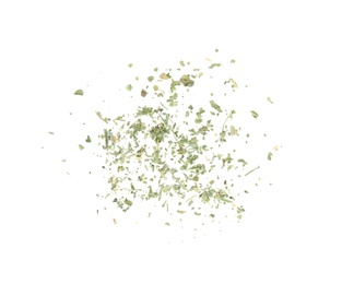 Photo of Scattered dried parsley on white background, top view