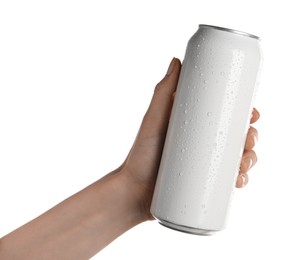 Woman holding aluminum can on white background, closeup