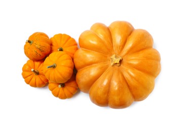 Photo of Fresh ripe pumpkins on white background, top view