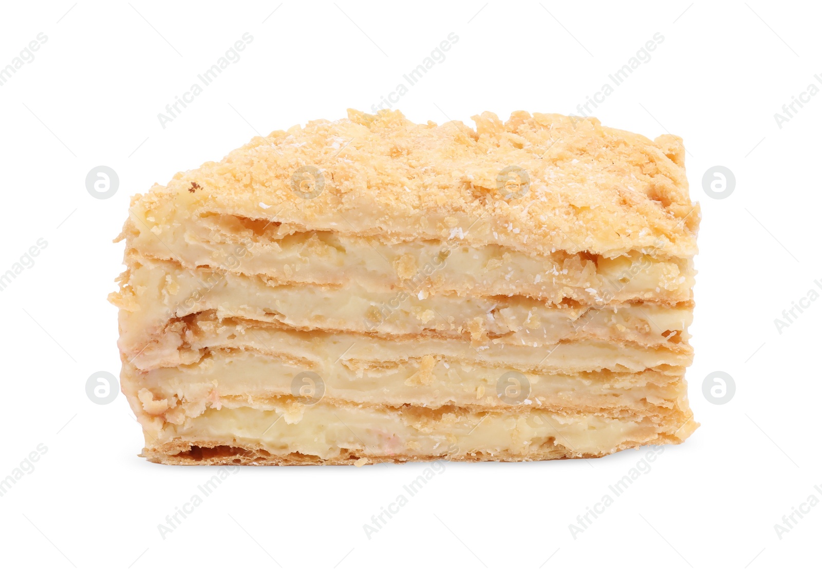 Photo of Piece of delicious Napoleon cake isolated on white