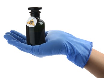Medical worker holding bottle with poison on white background, closeup