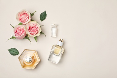 Bottles of perfume and roses on light background, top view