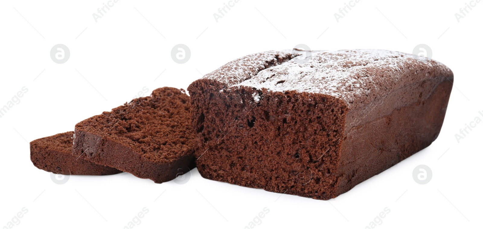 Photo of Tasty chocolate sponge cake with powdered sugar on white background