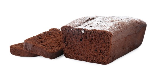Photo of Tasty chocolate sponge cake with powdered sugar on white background