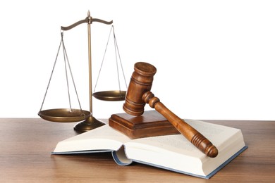 Law concept. Gavel, scales of justice and book on wooden table against white background