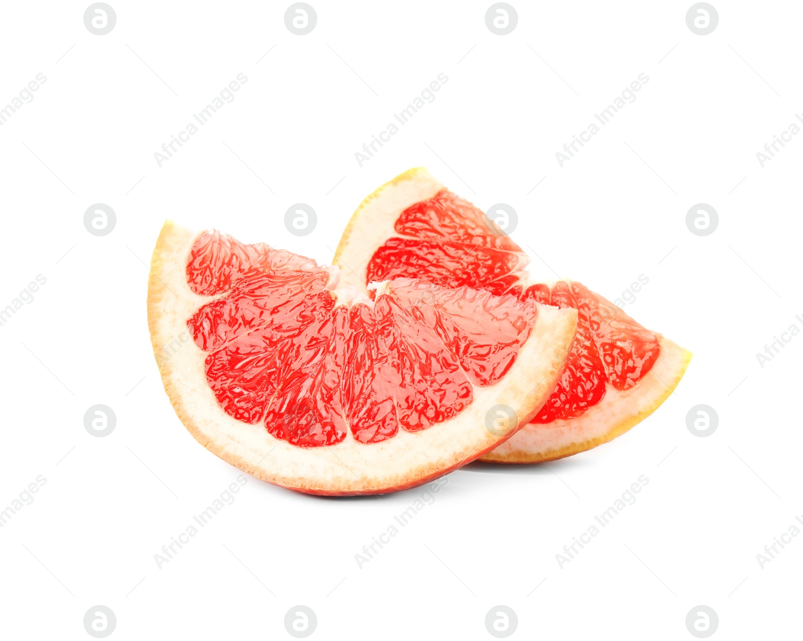 Photo of Slices of ripe juicy grapefruit on white background