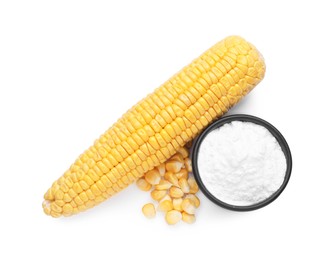 Bowl with corn starch, ripe cob and kernels isolated on white, top view