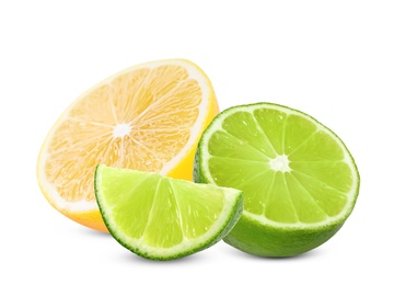 Image of Cut fresh lime and lemon on white background