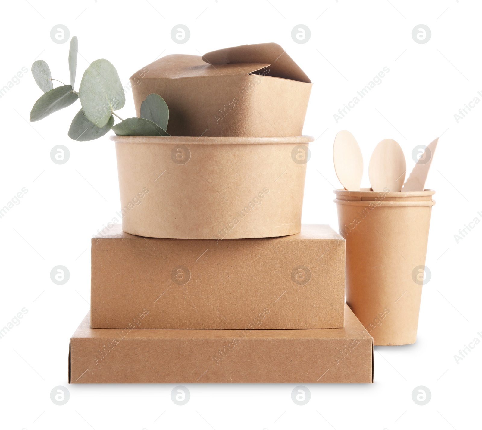 Photo of Eco friendly food packagings, wooden cutlery and eucalyptus leaves isolated on white