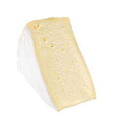 Photo of One piece of tasty camembert cheese isolated on white