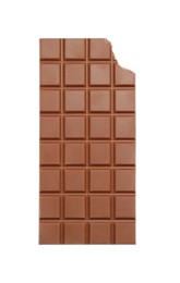 Photo of Bitten milk chocolate bar isolated on white, top view