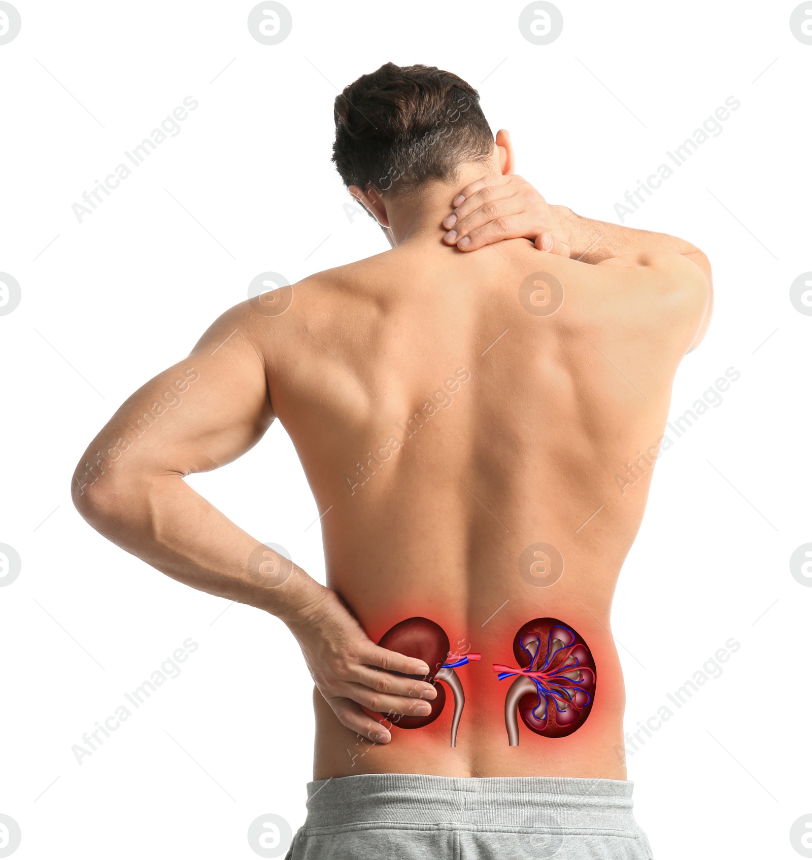 Image of Man suffering from kidney pain on white background