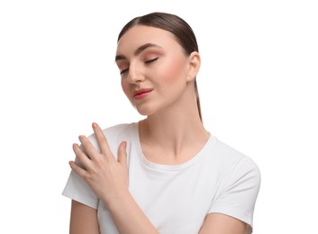 Portrait of beautiful woman on white background