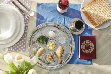 Photo of Table served for Passover (Pesach) Seder, top view