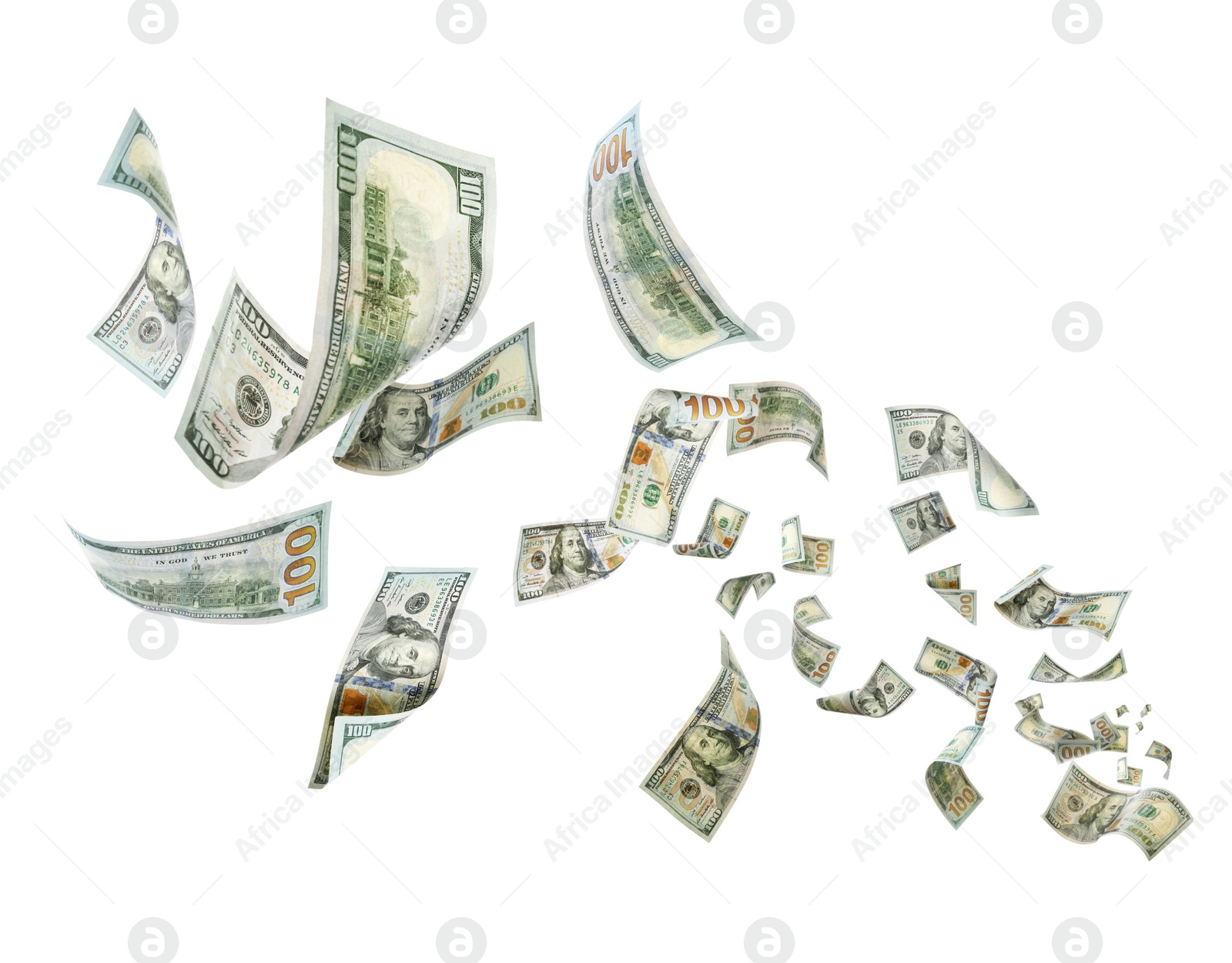 Image of Many American dollars on white background. Flying money