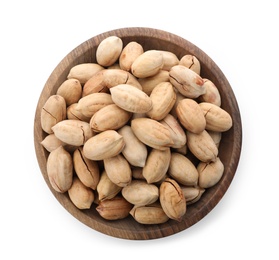 Photo of Pecan nuts in bowl on white background, top view. Nutritive food