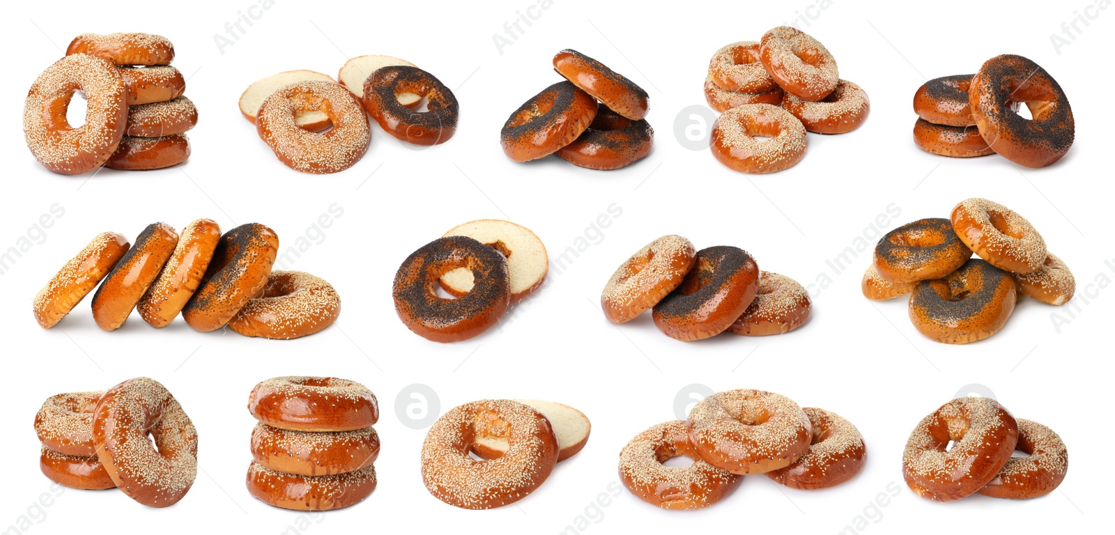 Image of Set with tasty fresh bagels on white background. Banner design