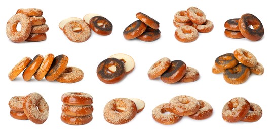 Image of Set with tasty fresh bagels on white background. Banner design