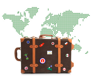Image of Retro suitcase with travel stickers and world map on white background