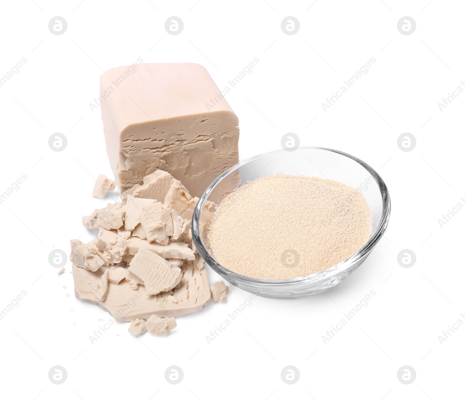 Photo of Compressed and granulated yeast isolated on white