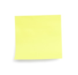 Blank yellow sticky note on white background, top view