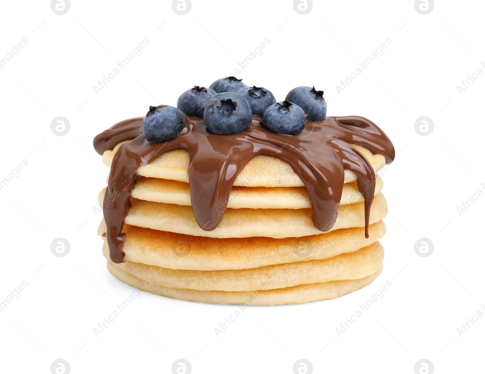 Photo of Stack of tasty pancakes with chocolate spread and blueberries isolated on white