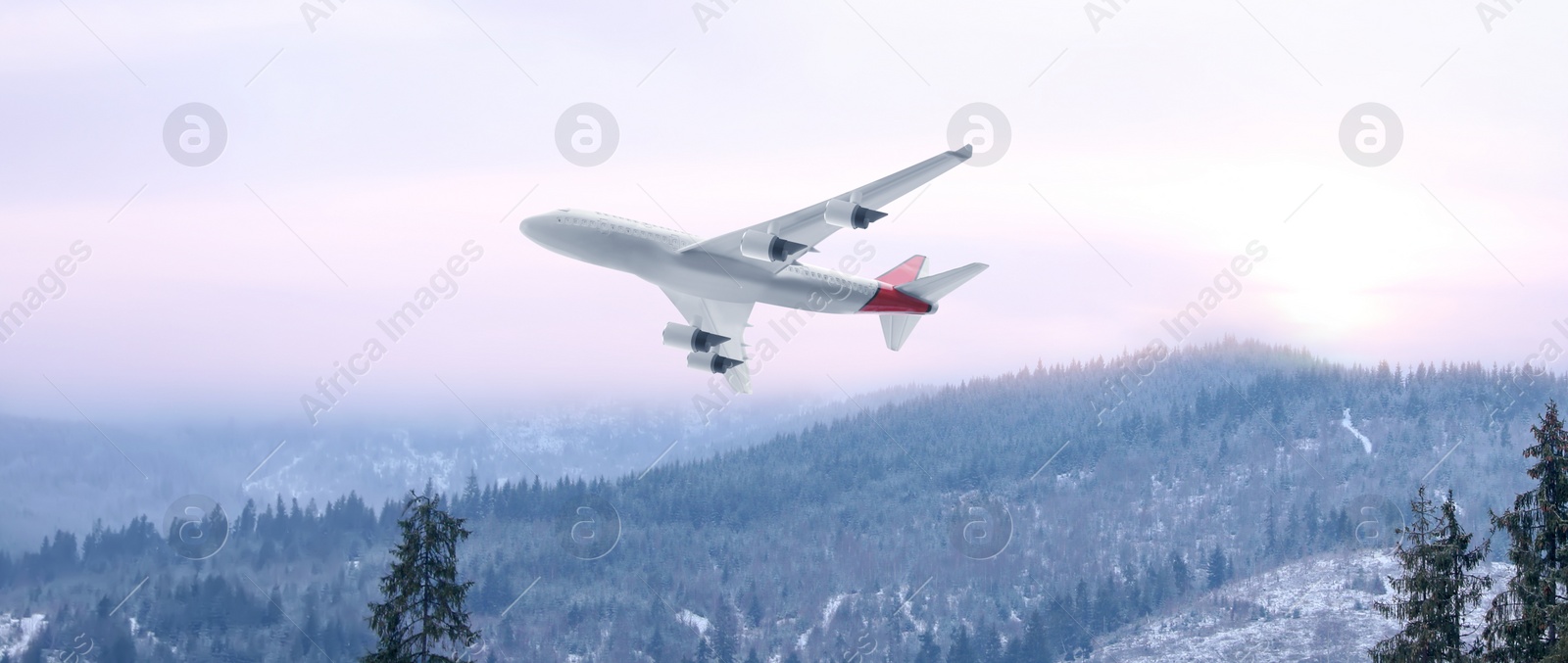 Image of Modern airplane flying over mountains, banner design 