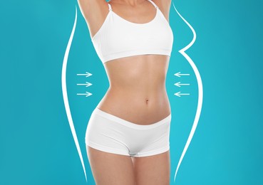 Image of Slim young woman after weight loss on turquoise background, closeup view 