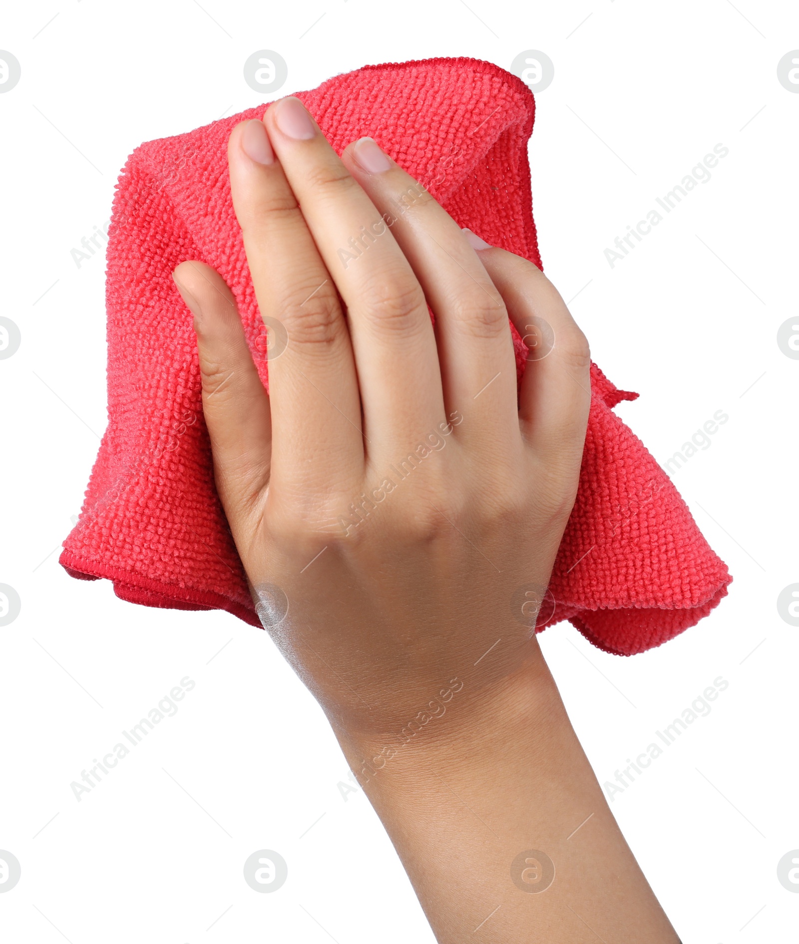 Photo of Woman with microfiber cloth on white background, closeup