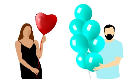 Woman and man with air balloons on white background, collage