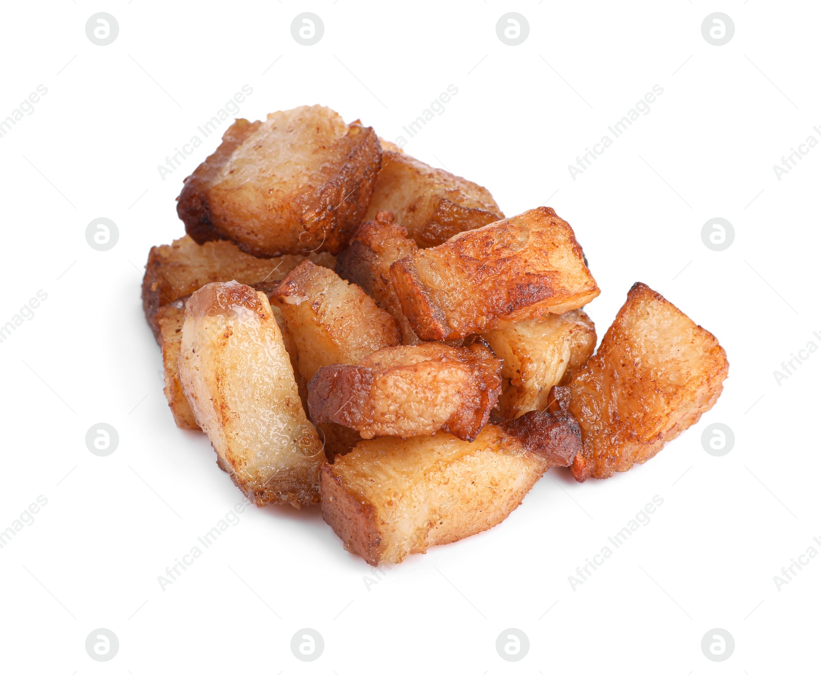 Photo of Tasty fried cracklings on white background. Cooked pork lard