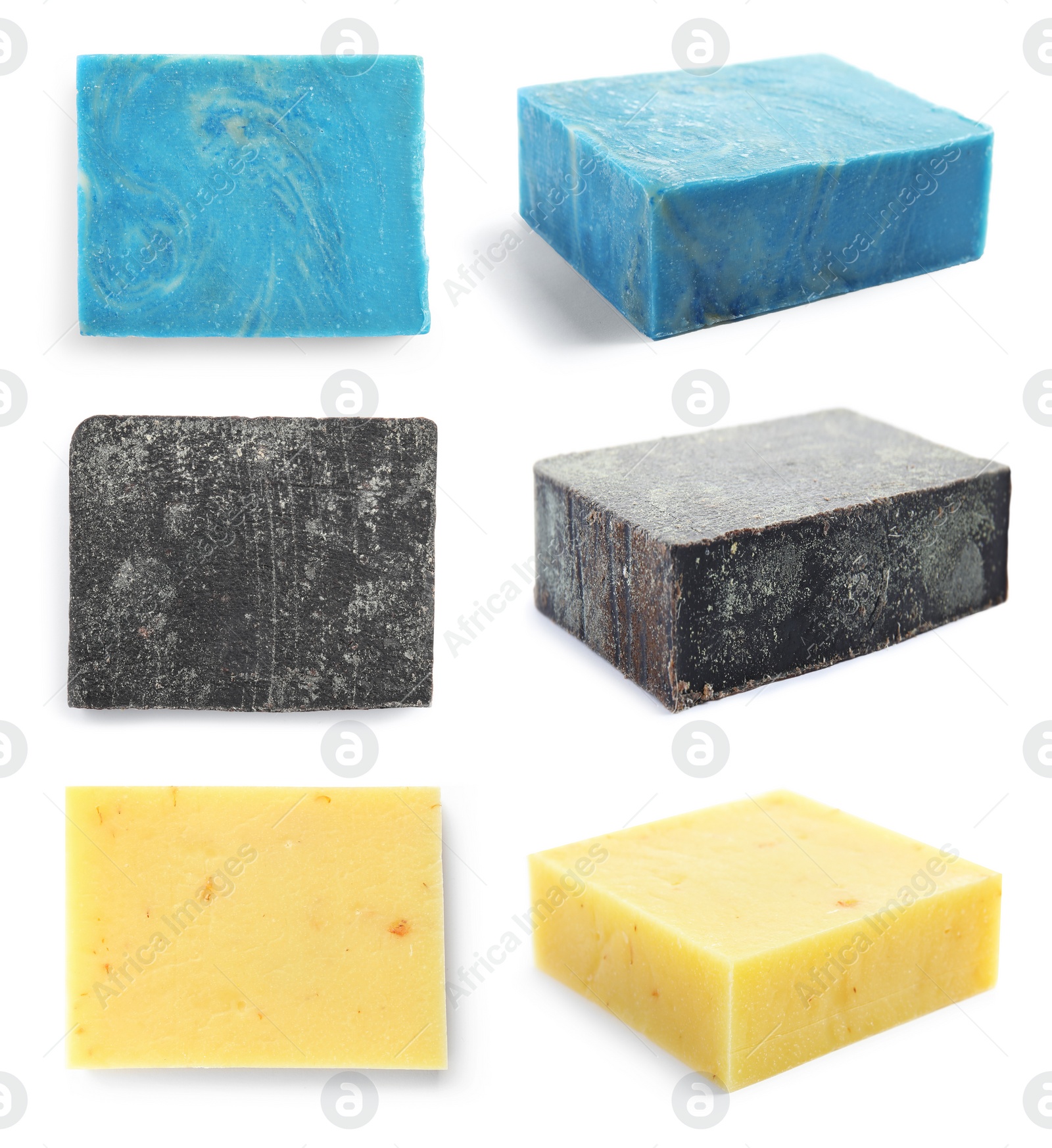 Image of Set of soap bars on white background, views from different sides