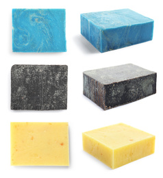 Image of Set of soap bars on white background, views from different sides