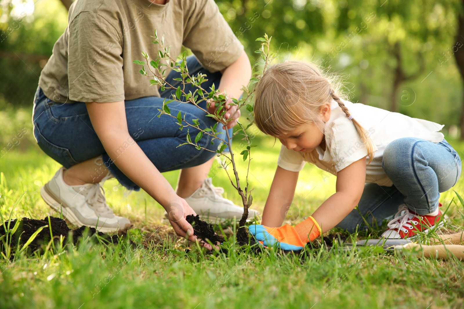 Photo of Mother and her daughter planting tree together in garden