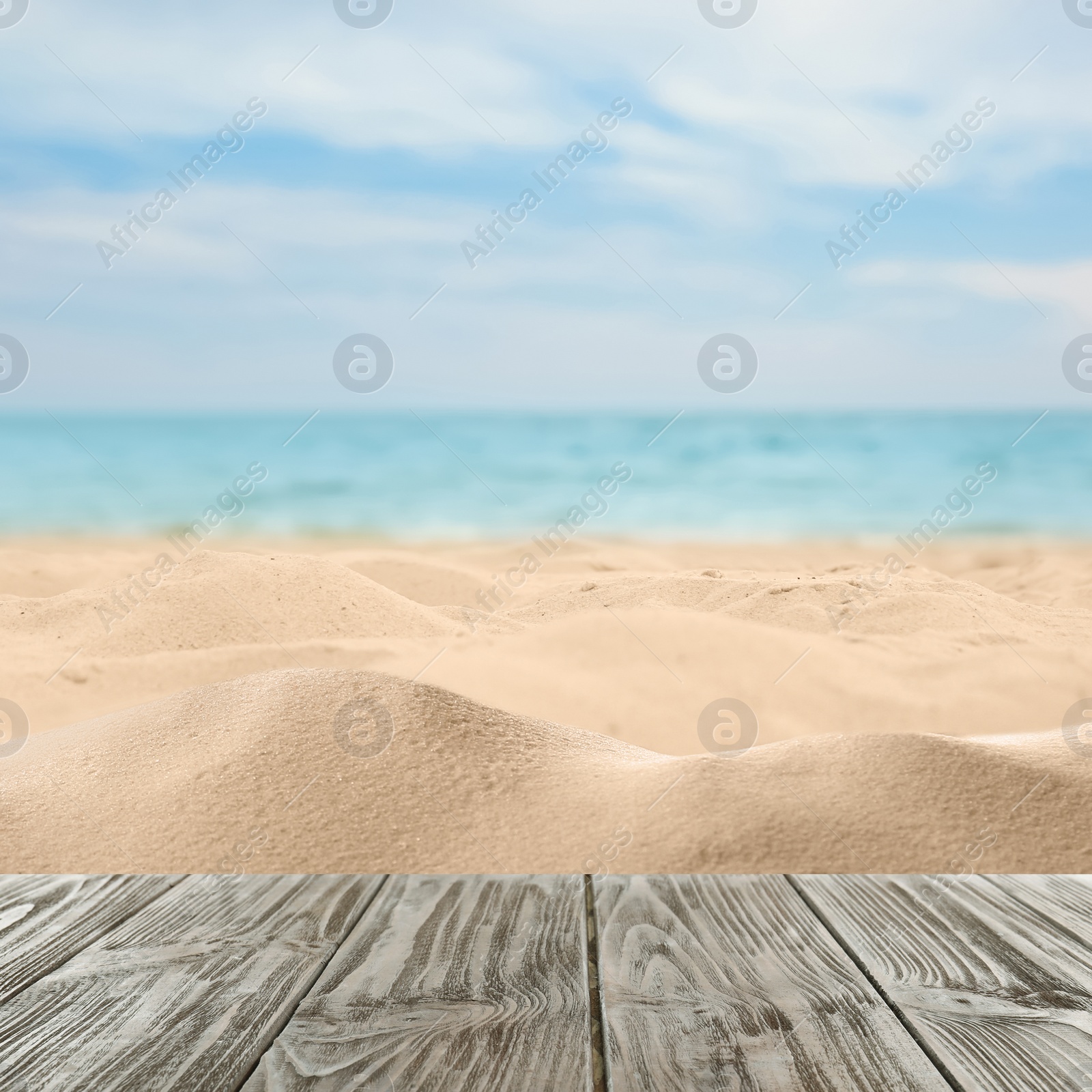 Image of Wooden surface on sandy beach near ocean