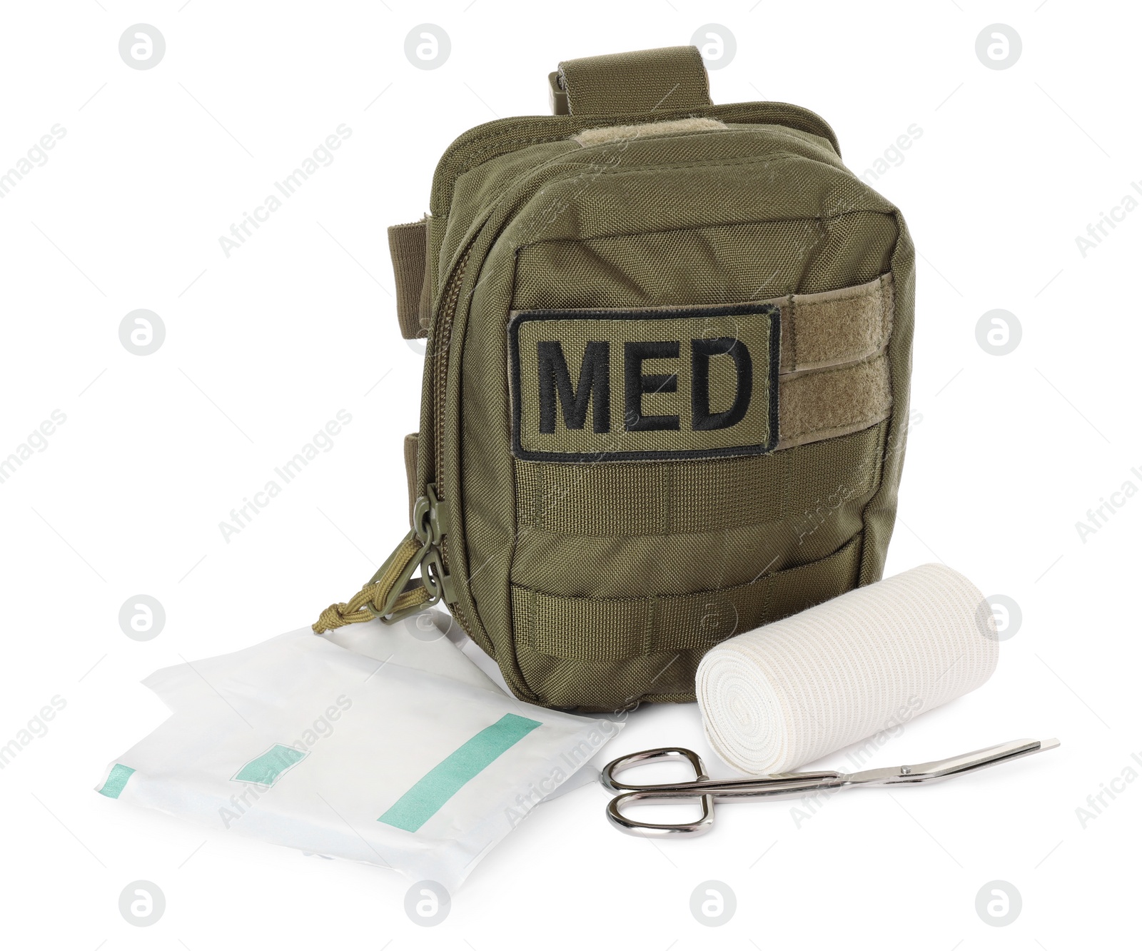 Photo of Military first aid kit with items isolated on white