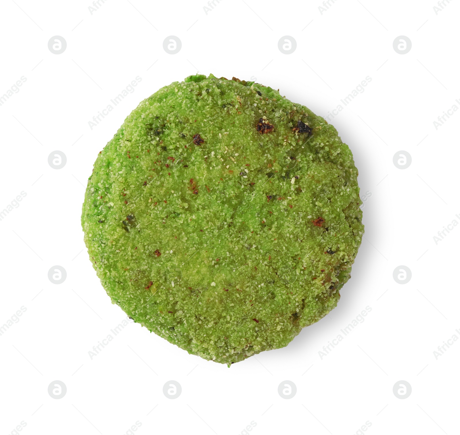 Photo of Green tasty vegan cutlet isolated on white, top view