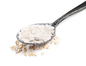 Photo of Spoon of oatmeal flour and flakes on white background