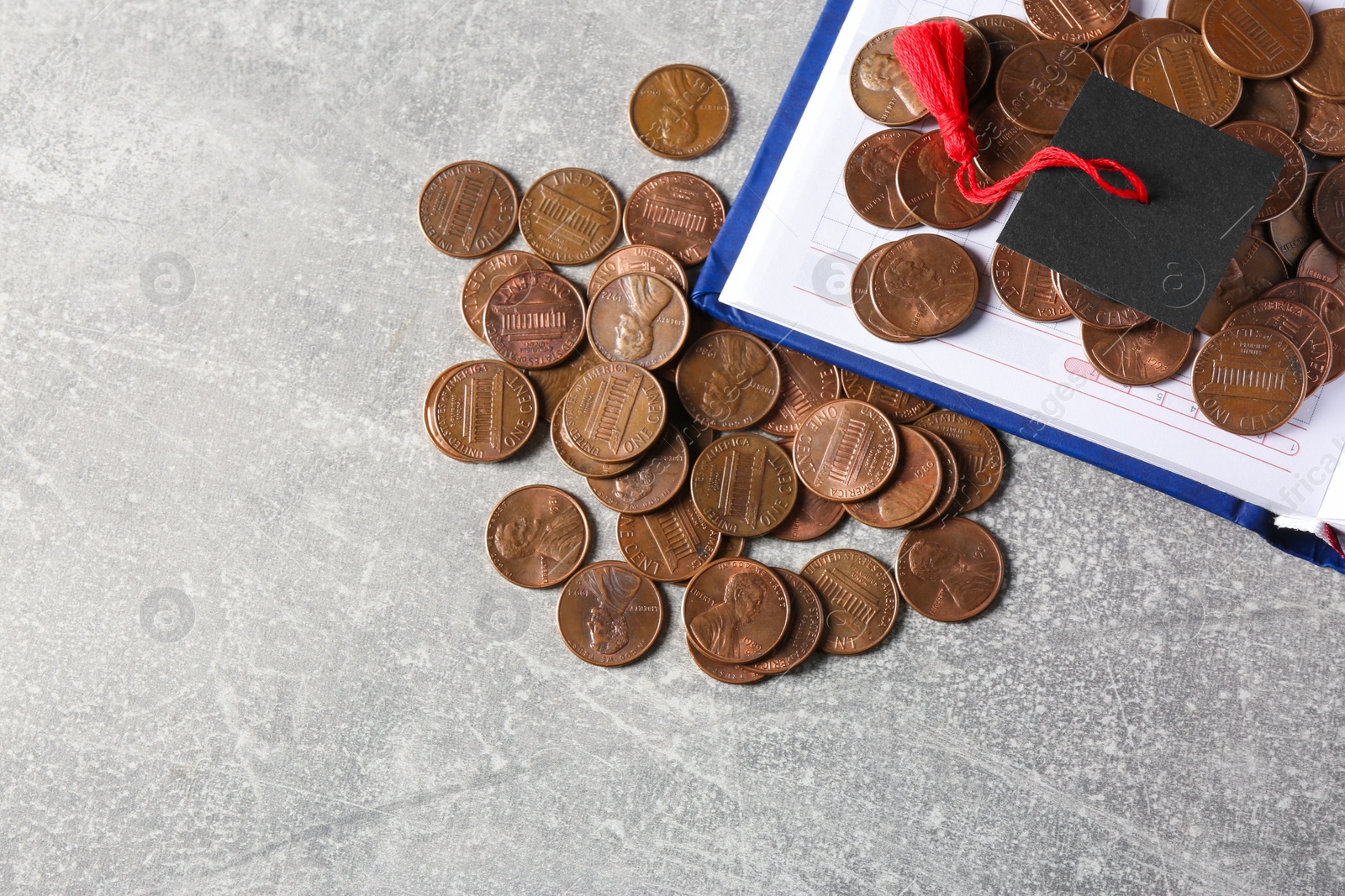 Photo of Scholarship concept. Graduation cap, notebook and coins on light grey table, flat lay with space for text