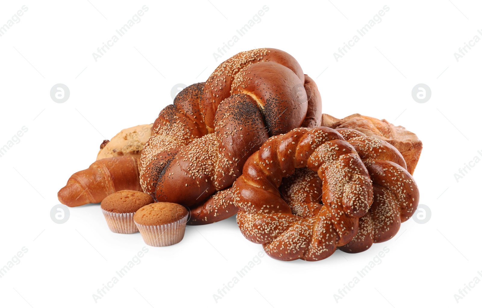 Photo of Different tasty freshly baked pastries isolated on white