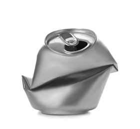 Photo of Empty crumpled aluminum can on white background. Metal waste recycling