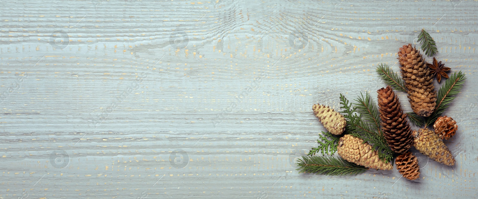 Image of Flat lay composition with pinecones on grey wooden table, space for text. Horizontal banner design