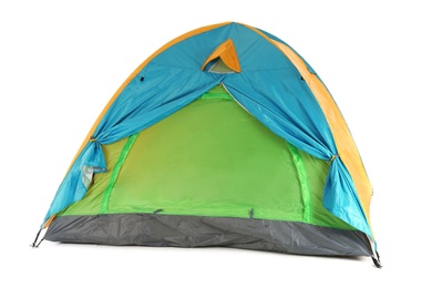 Photo of Colorful camping tent on white background