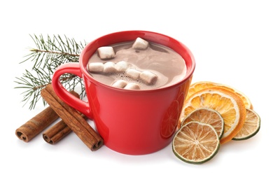 Photo of Composition with delicious hot cocoa drink on white background