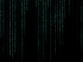 Illustration of Binary code in digital space. 1s and 0s on black background