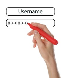 Image of Illustration of authorization interface and woman with marker on white background, closeup